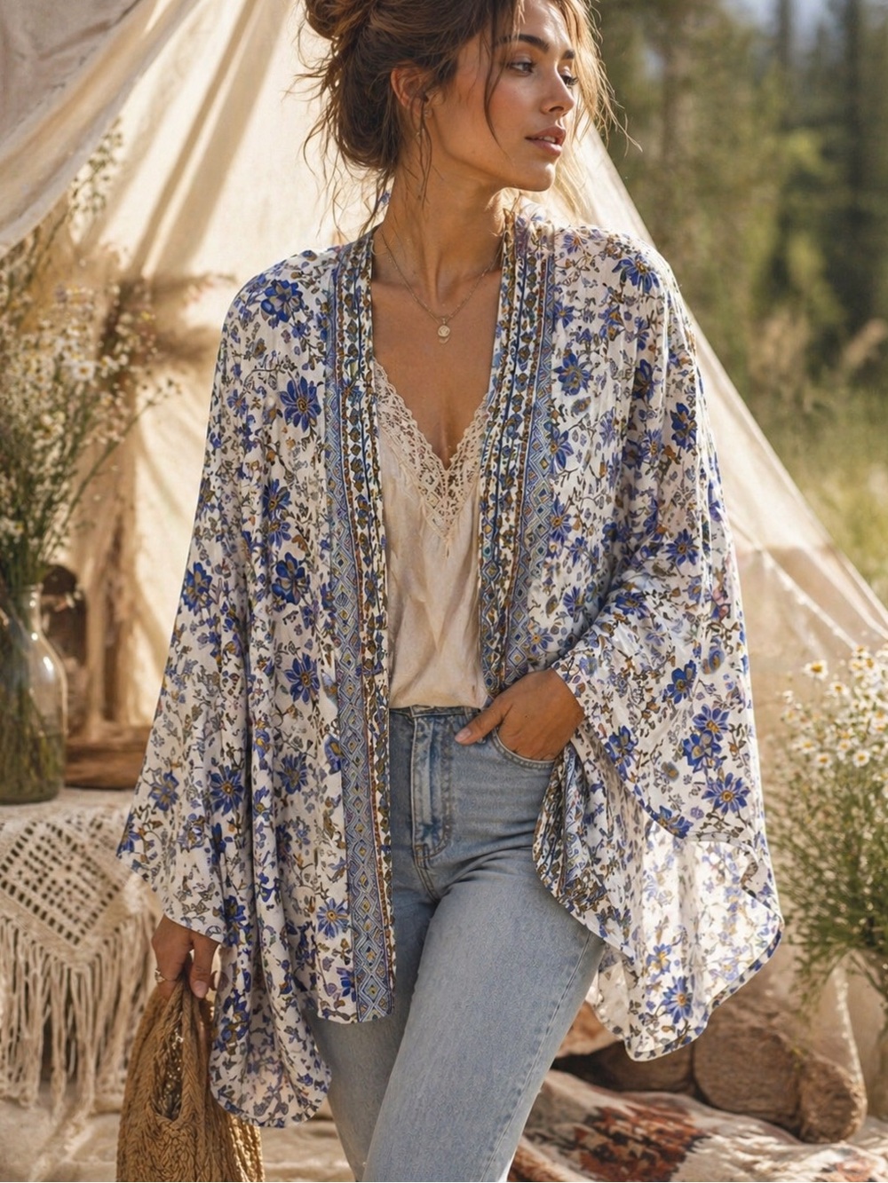 Feathers by Tolani Blue Floral Boho Kimono